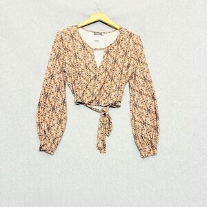 Earthbound Trading Top Womens L Wrap Top Cropped Floral Boho‎ Festival Y2K 90's